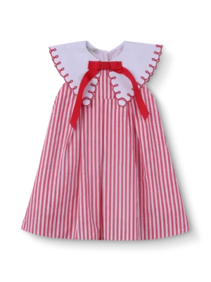 VESTIDO BEBÊ PREGAS GOLA BORDADA LISTRADO VERMELHO