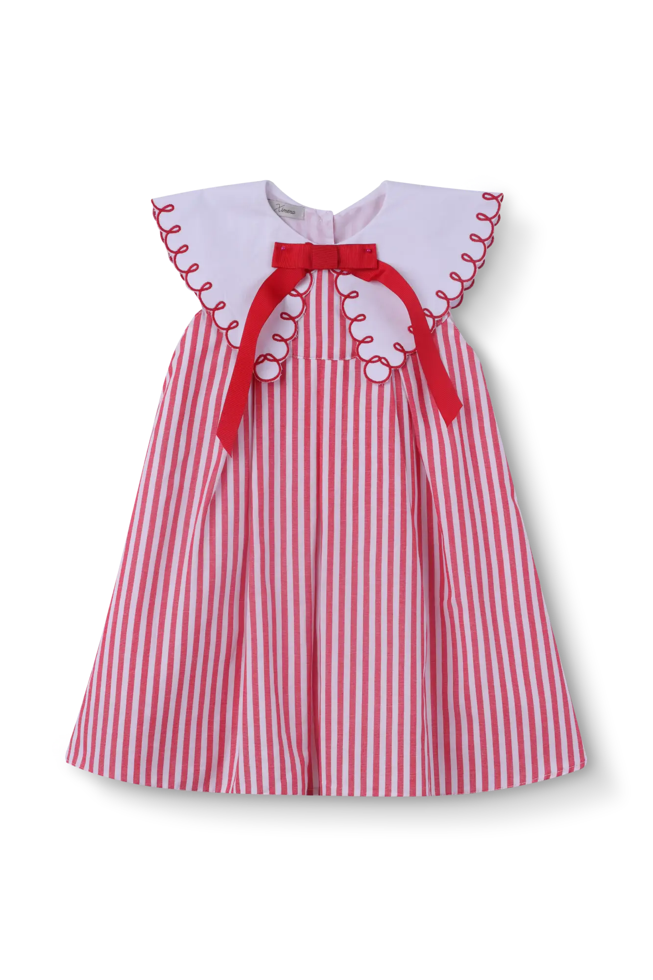 VESTIDO BEBÊ PREGAS GOLA BORDADA LISTRADO VERMELHO