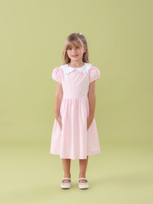 VESTIDO INFANTIL GOLA BORDADA LAÇO ROSA