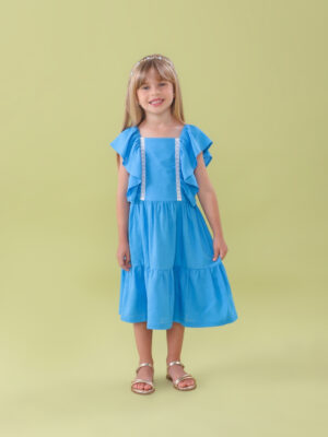 VESTIDO INFANTIL BABADOS RENDA LINHO AZUL